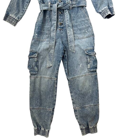 Alice + Olivia Distressed Etha Chambray Denim Jumpsuit - Tie Waist - Blue - 30 - Picture 7 of 12